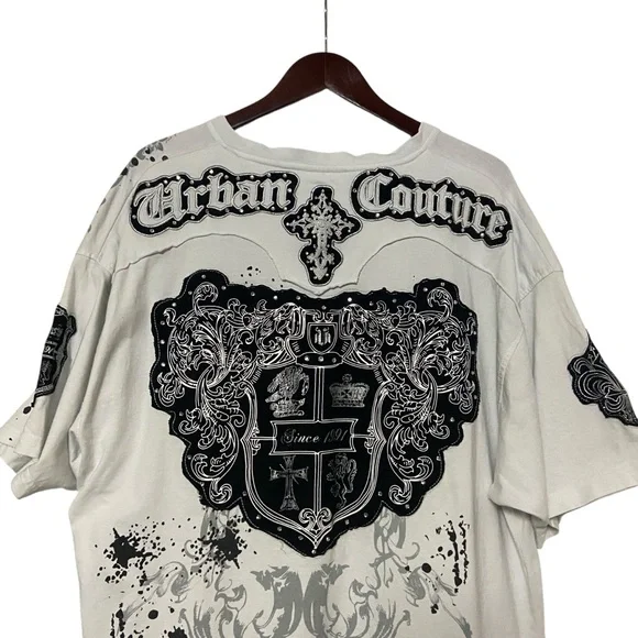 Victorious Urban Couture Graphic T Shirt Vtg Baggy White Rhinestone Goth Y2K - Picture 10 of 16